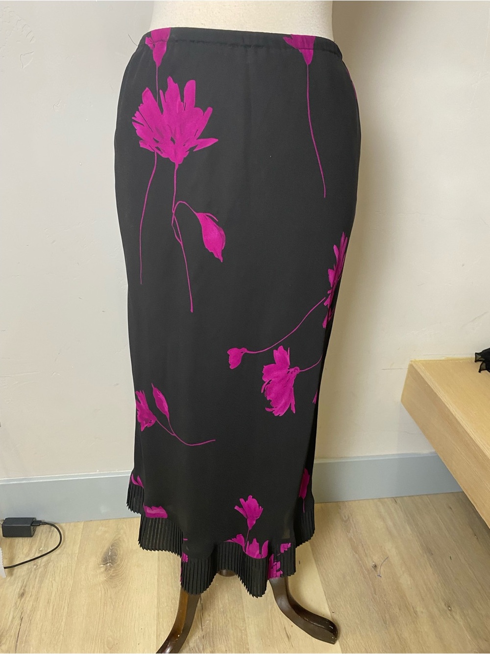 Black Maxi‎ Skirt with Bright Fuchsia Floral Print